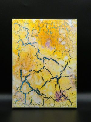 mes créations de tableaux en peinture avec une technique de pouring sur une toile de tons jaunes pour ce modèle