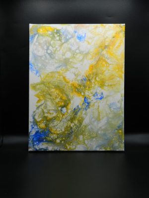 mes créations de tableaux en peinture avec une technique de pouring sur une toile de tons bleus et jaunes pour ce modèle
