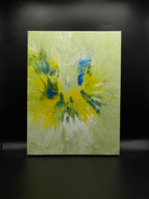 mes créations de tableaux en peinture avec une technique de pouring sur une toile de tons bleus et jaunes pour ce modèle